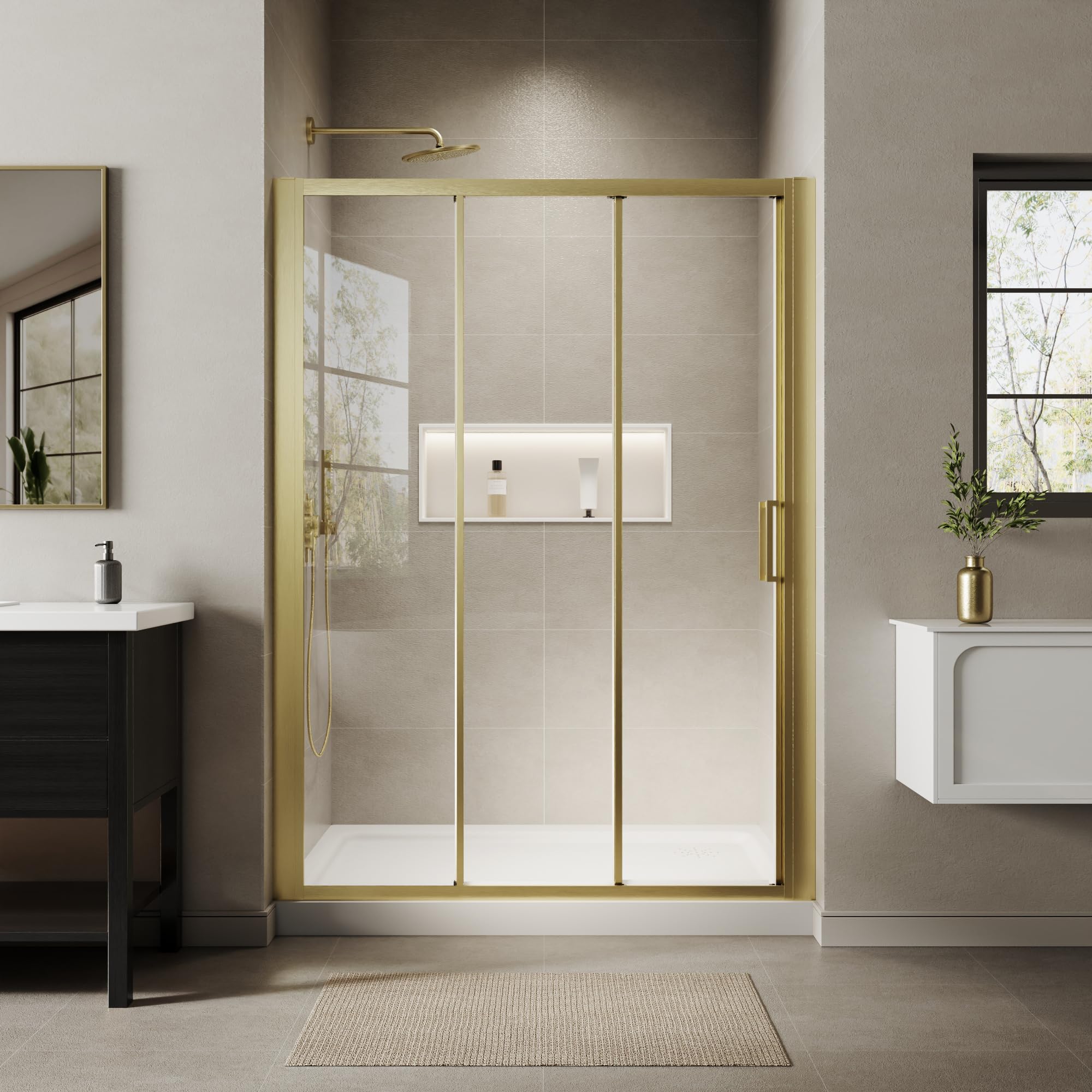 Photo 1 of ****The description and photo are for reference******44"-48" W x70 H Triple Sliding Shower Door, Glass Shower Door with 1/4" (6mm) Clear SGCC Tempered Glass,Brushed Gold Finish,Shower Doors can be Installed Left and Right