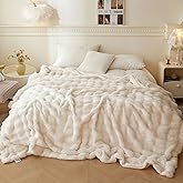 LIFEREVO Faux Rabbit Fur Twin Size Throw Blanket, Soft Cozy and Plush Shaggy Waffle Big Bubble Fluffy Blanket for Bed Couch Sofa Office, Fuzzy Furry Aesthetic Home Decor for Women Girls, 68x90, Beige
