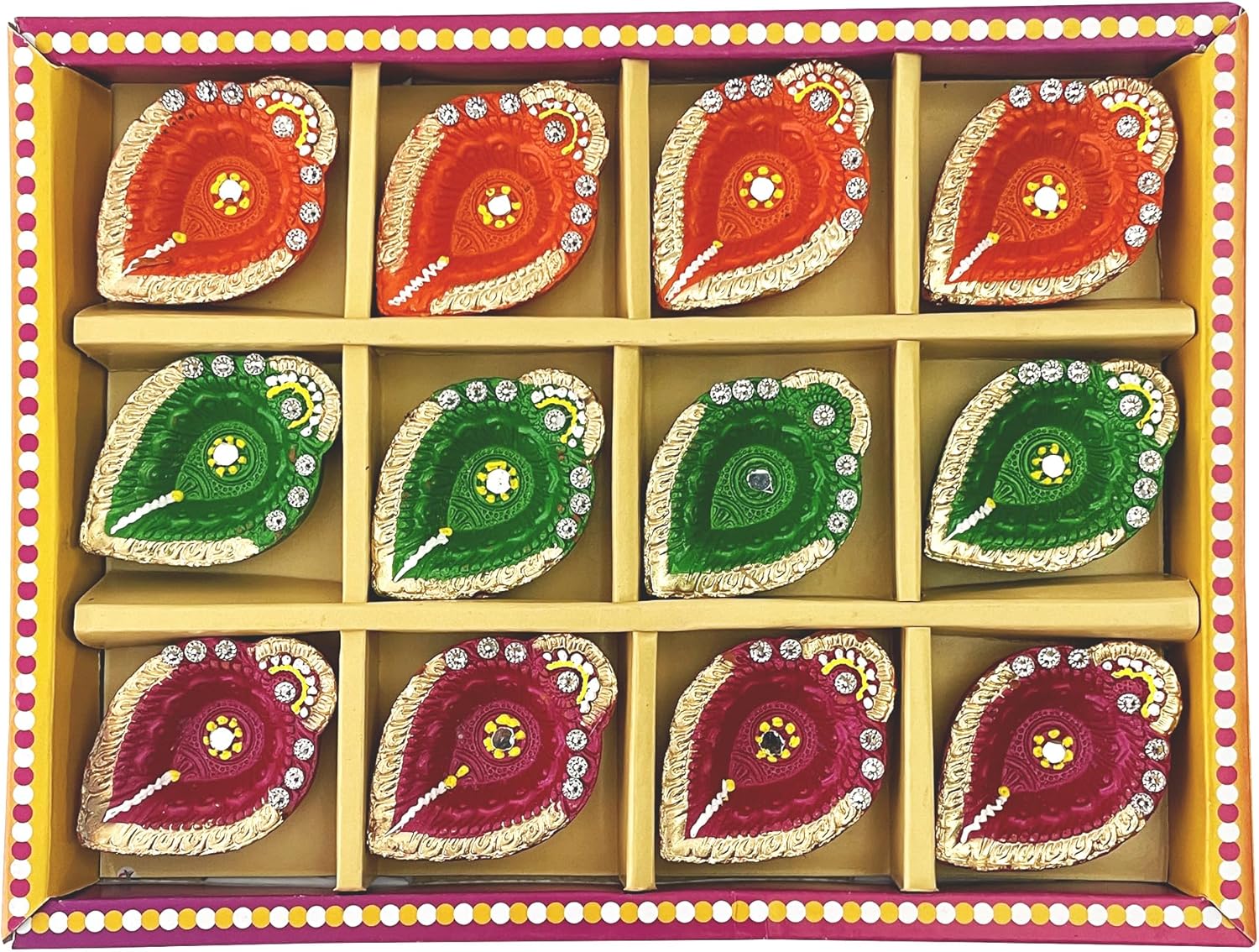 Oil Lamps & Accessories - KSJONE 12 Pcs Colourful Diyas with Wicks Hand Painted Deepavali Tea Light Holder Oil Lamp Indian Festive Home Diwali Decoration Traditional Temple Pooja Laxmi Puja Diyas Diwali Decor