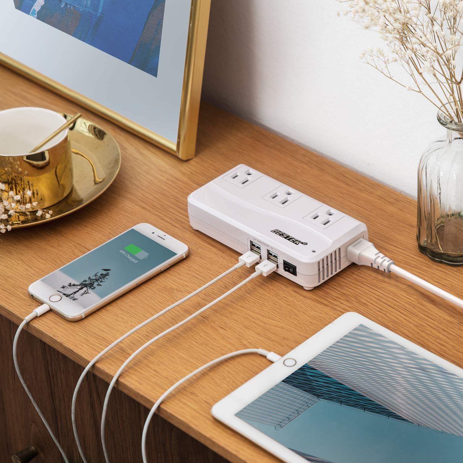 BESTEK Universal Travel Adapter 220V to 110V Voltage Converter with 0-2.4A 4 Port USB Charging and UK/AU/US/EU Worldwide Plug Adapter (White)