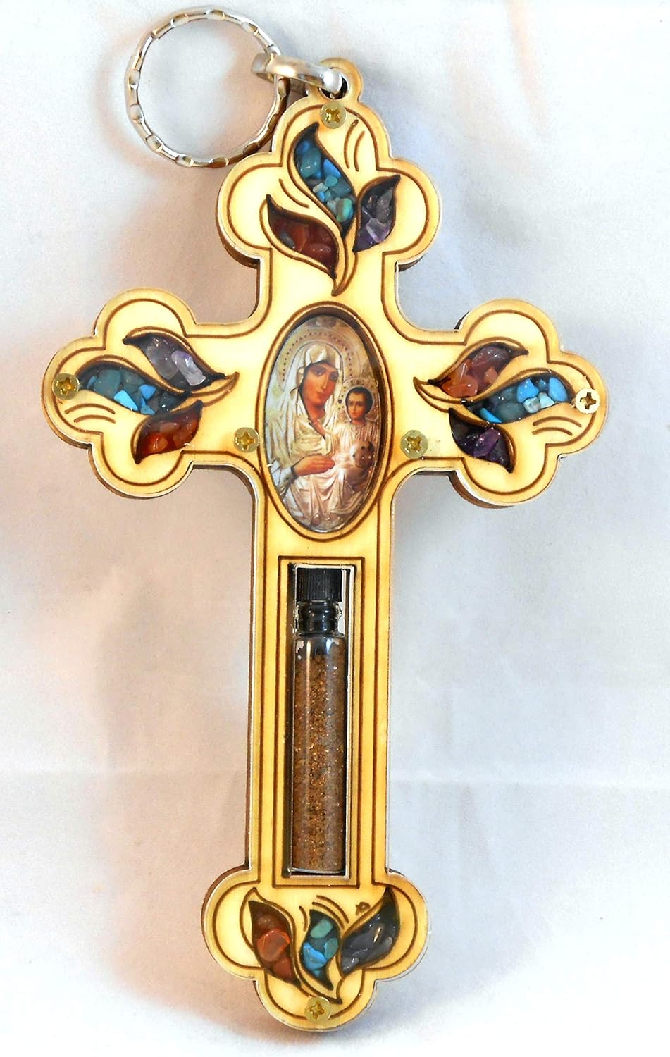 Small Wood Car Home Office Hanging Cross Decor White Jerusalem Mary Wooden Orthodox Christian Religious Charm Icon Gift with Earth made in the Holy land