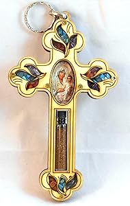 Small Wood Car Home Office Hanging Cross Decor White Jerusalem Mary Wooden Orthodox Christian Religious Charm Icon Gift with Earth made in the Holy land