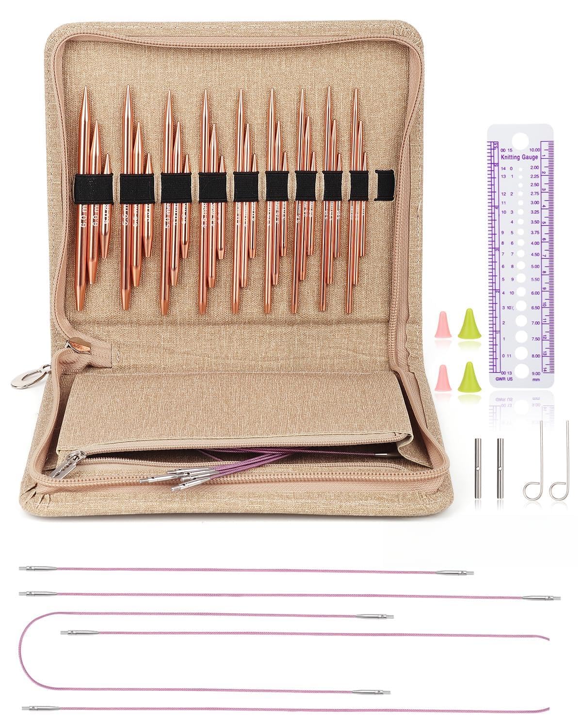Photo 1 of Aeelike Aluminu Interchangeable Knitting Needles Set, Circular Knitting Needles Set with 4 Cable 3 to 6 mm, Interchangeable Needle for Knitting Multiple Combinations, Gold