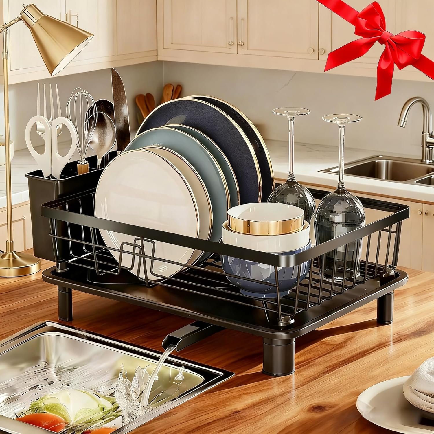 Photo 1 of GAOKASE Dish Drying Rack, Space-Saving Dish Rack, Dish Racks for Kitchen Counter, Kitchen Dish Drainers with Removable Utensil Holder, Plate Rack and Drainboard, 11''W x 15''L, Black