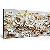 AUUZAIUA Floral Canvas Wall Art for Living Room White and Gold Blossom Botanical Large Artwork for Bedroom Office Kitchen Modern Canvas Prints 20"x40"