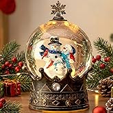 Snow Globe Lighted Christmas Decorations, Snowman Family Musical Crown Snow Globe Lantern with Swirling Glitter, Christmas Holiday Party Gifts and Decorations