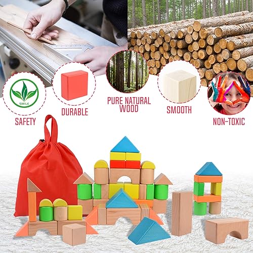 Large Wooden Building Blocks Set Educational Preschool Learning Toys with  Carrying Bag, Toddler Blocks Toys