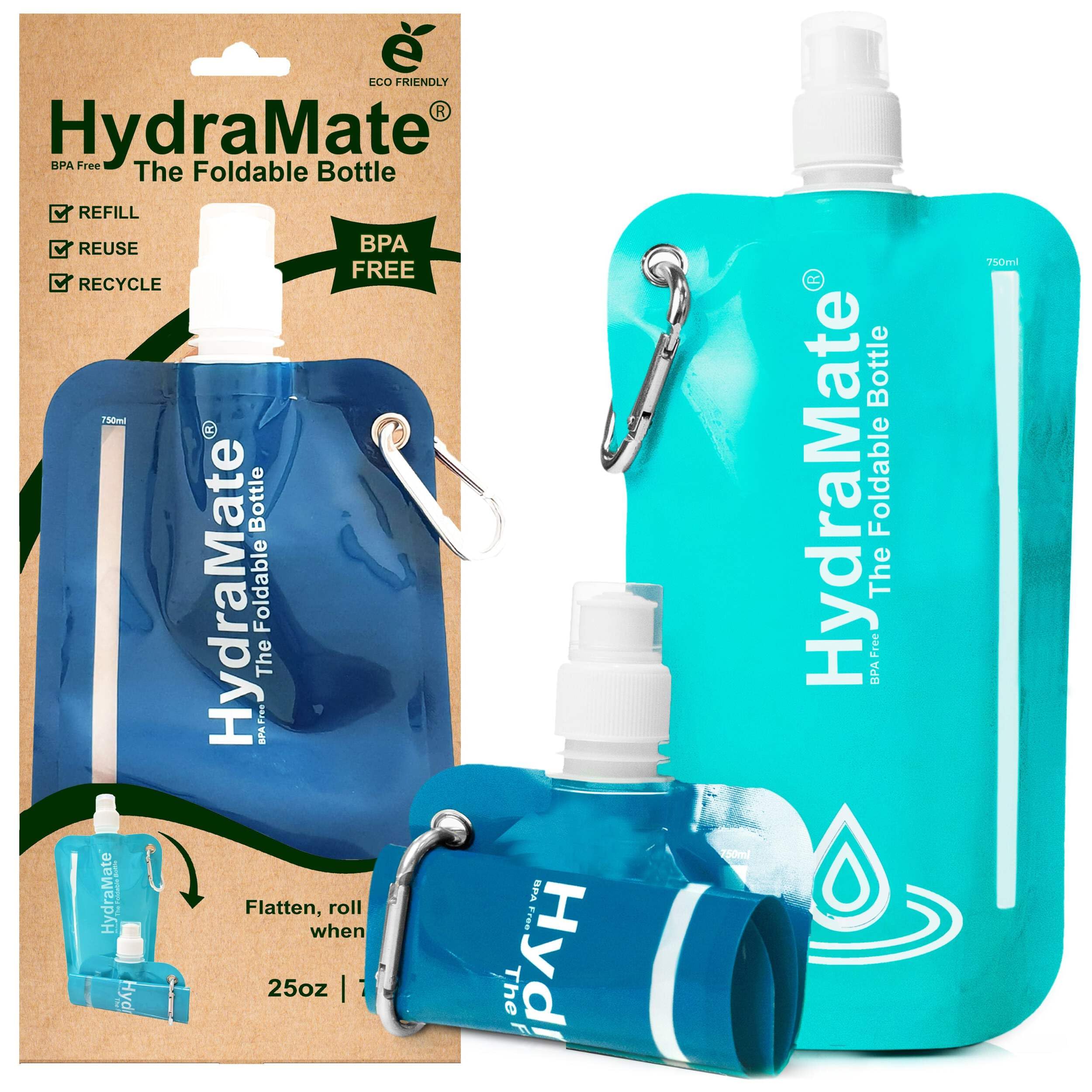 HydraMate Collapsible Water Bottle - 750ml, BPA Free. Lightweight, Foldable, Roll Up, Squeezable Pouch, Carabiner Clip - Perfect for Travel, Festivals, Hiking, Camping. 2 Pack