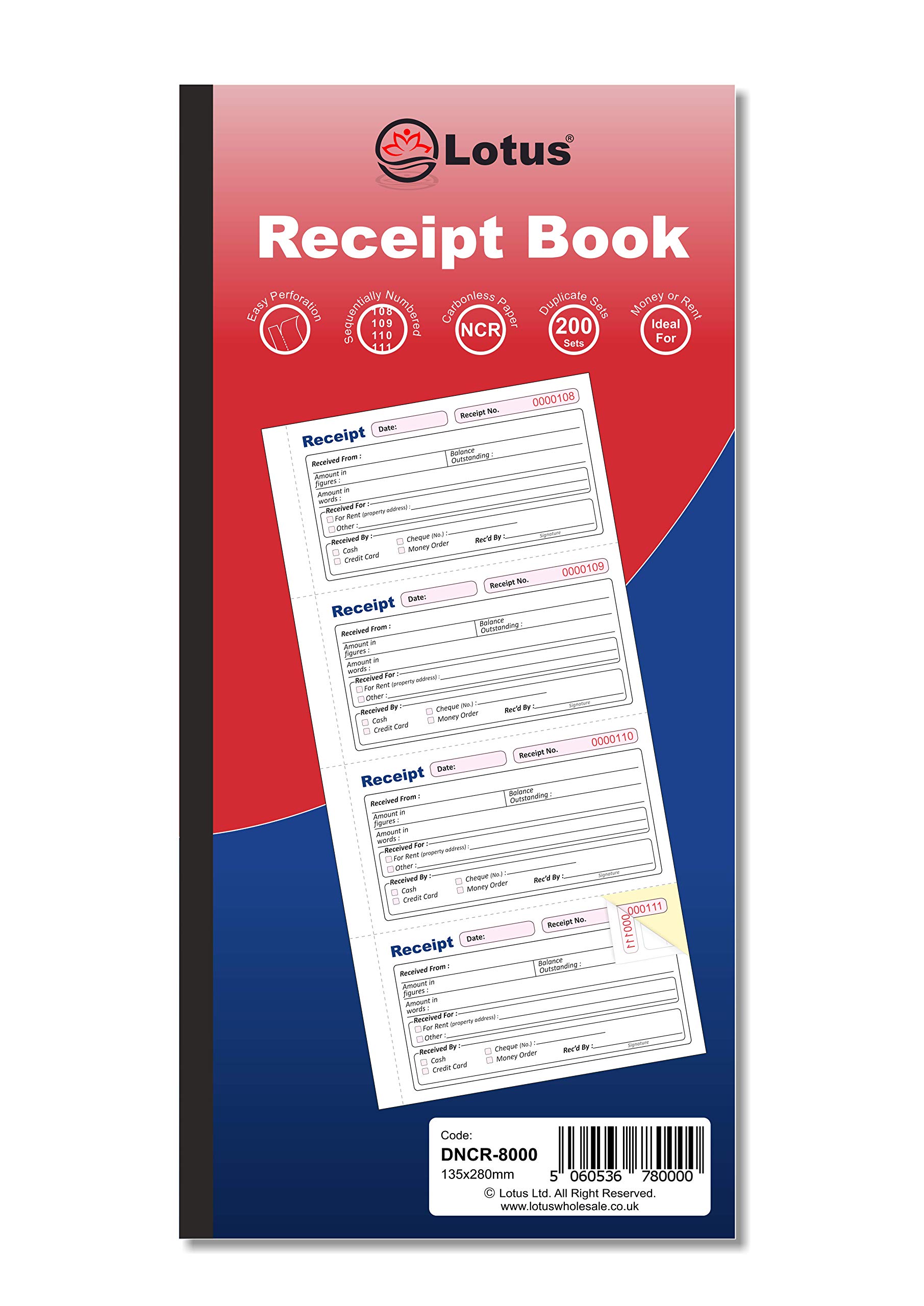 Duplicate Receipt Book | 2-Part Receipt Book Duplicate | Money & Rent Receipt Book - DNCR-8000