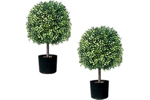 UNADRA 2 Pack Faux Boxwood Plants Outdoor (22" T,13" D) - Artificial Boxwood Ball Topiaries Set of 2 Indoor Home Office Patio Porch Decoration Realistic (22 inches, Oval Dark Green)