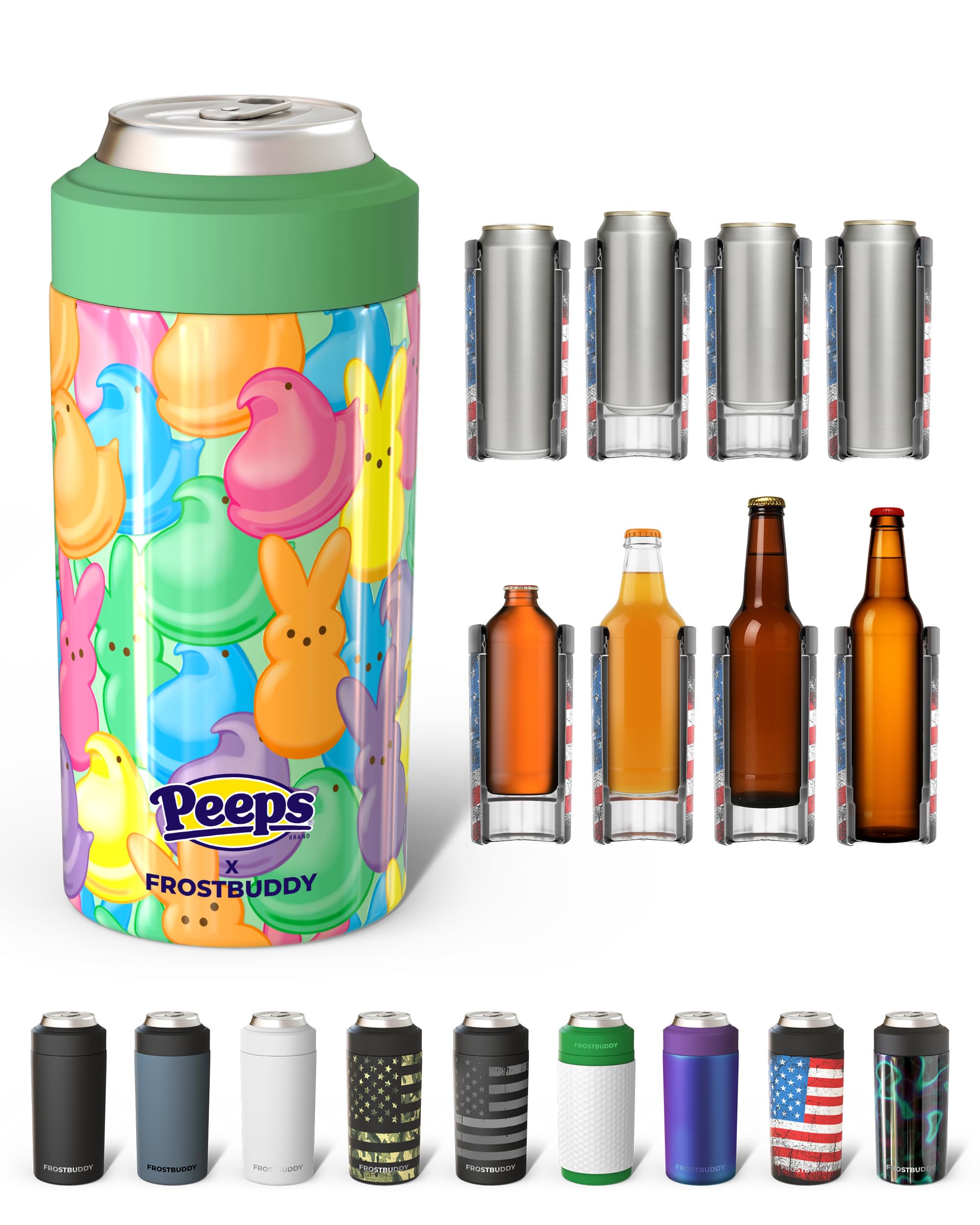 Frost Buddy Universal Can Cooler - Fits all - Stainless Steel Can Cooler for 12 oz & 16 oz Regular or Slim Cans & Bottles - Stainless Steel (Party Peeps) Image
