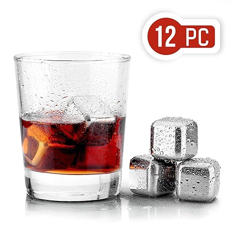 Uten Whisky Steine Kühlsteine mit 12 Stück 304 Edelstahl Eiswürfeln, Whisky Stones Wiederverwendbare für Whiskey, Wein, Cockt