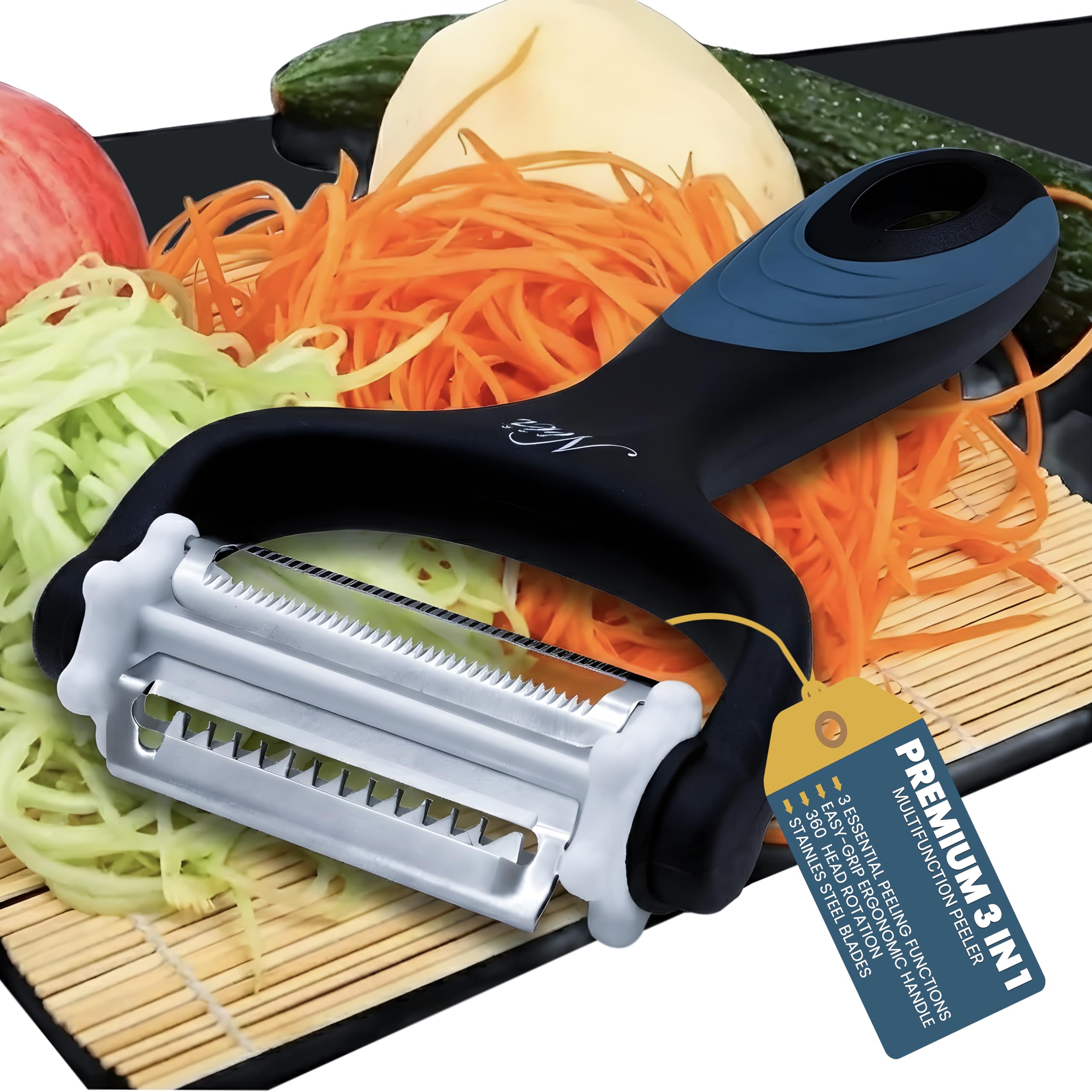 NEEZ 3 in 1 Vegetable Peeler - Fruit, Apple, Carrots, Cucumbers, Tomatoes and Potato Peeler for Kitchens - Rubber Handles Stainless Steel Julienne Peeler - Both Hands Y Peeler (Black)