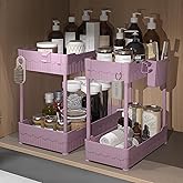 Sevenblue 2 Pack Under Sink Organizer, Under Bathroom Cabinet Organizer with Hooks Hanging Cup, Multi-Purpose Storage Shelf for Kitchen Bathroom (Pink, L)