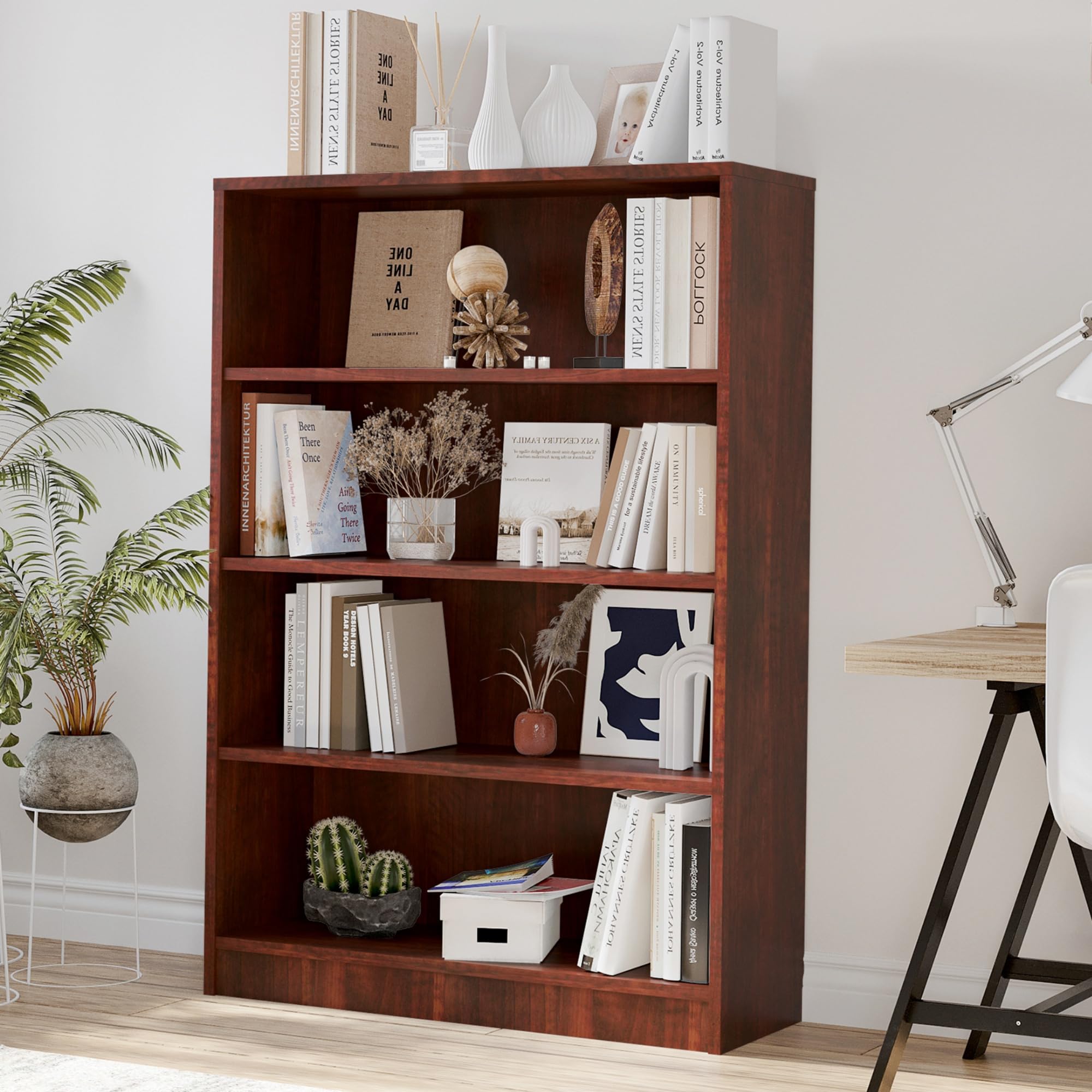 Photo 1 of **SELLING FOR PARTS. DAMAGE TO CORNERS**FONTOI Bookshelf, Open Modern Bookshelf, 4 Shelf Bookcase with Freestanding Display Storage, Wooden Book Shelf for Bedroom, Living Room, Dinning Room, Office, 48 Inch, Brown