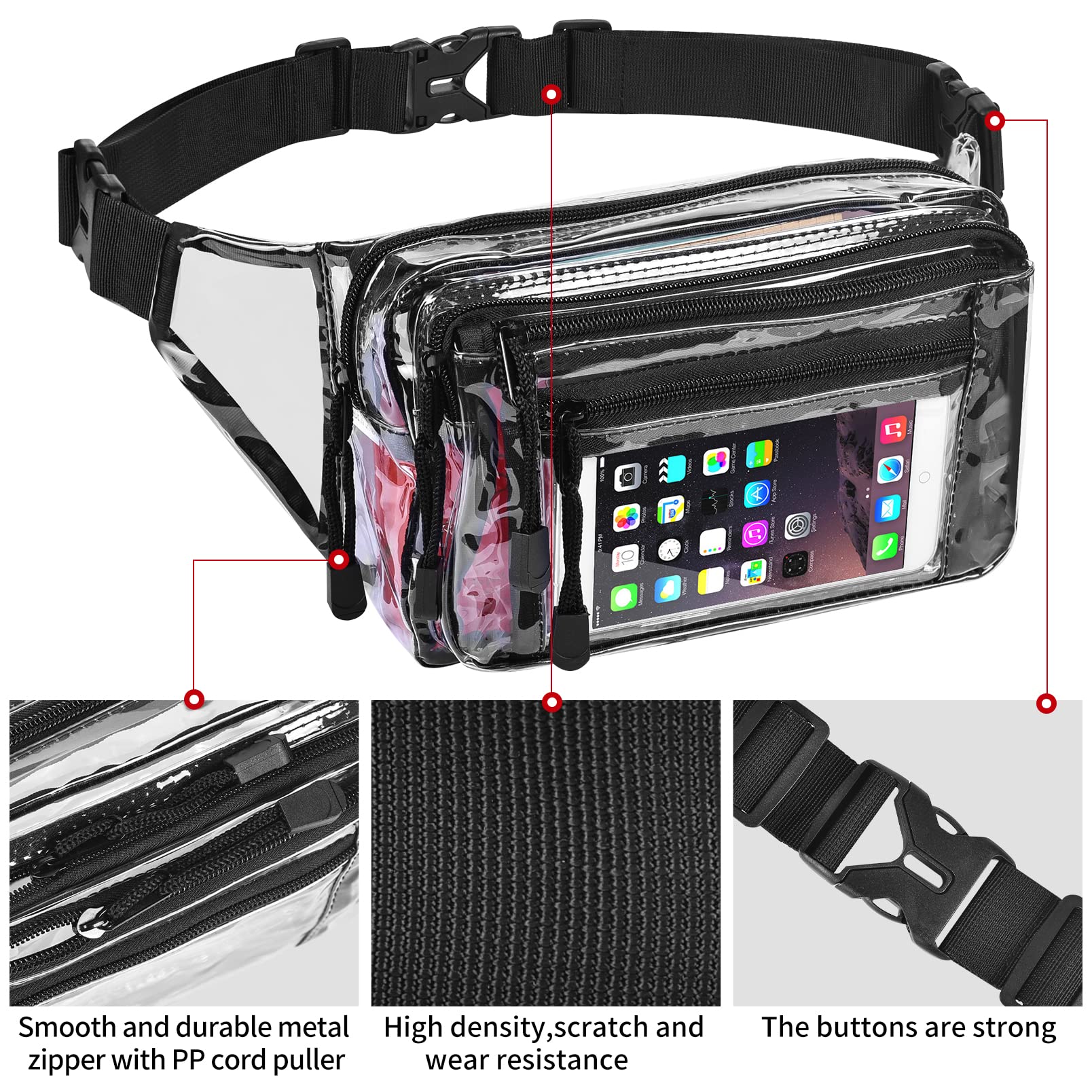USPECLARE Clear Bag Stadium Approved Large Clear Fanny Pack for Women for Work,Multi-purpose Waist Bag for Travel & Sporting Event