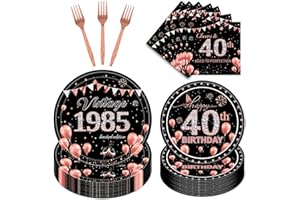 refavor 40th Birthday Plates Napkins, 96PCS Rose Gold Disposable 40th Birthday Decorations Dinnerware for Women, 40 Years Old Party Paper Plates Forks Napkins Tableware Supplies