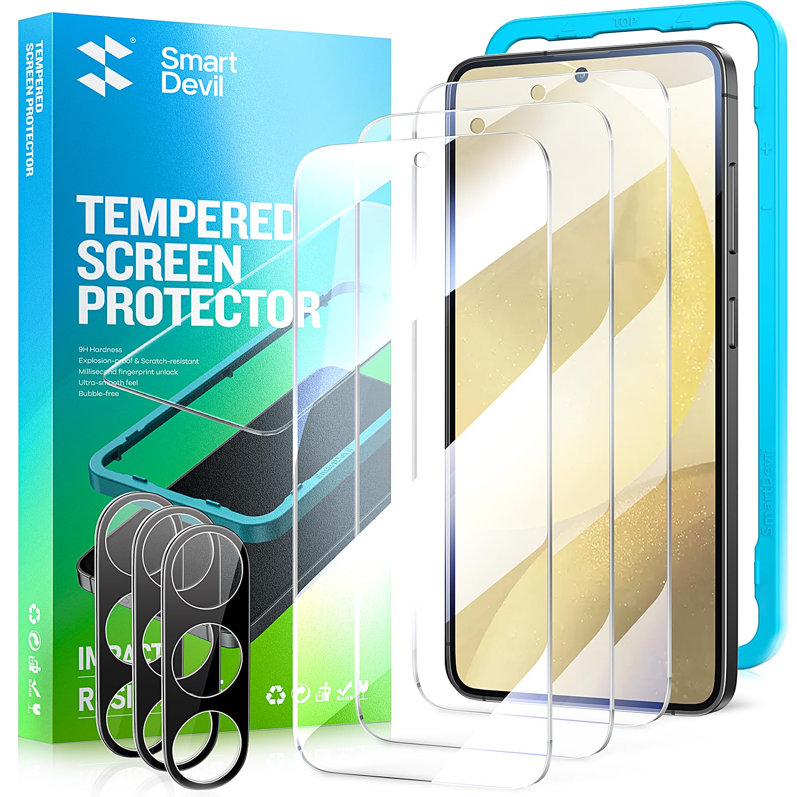 Photo 1 of SMARTDEVIL (3+3 Pack for Samsung Galaxy S24 Screen Protector, Finger Print Reader Compatible, with Camera Lens Protector, Clear 9H Tempered Glass Film, Alignment Frame [Easy & Fast Installation]