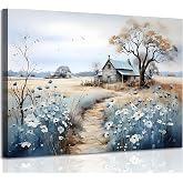 Framed Rustic Farmhouse Canvas Wall Art Beautiful Field Painting Wildflower Barn Print Nature Scenery Picture French Countryside Poster for Bathroom Bedroom Living Room Office Wall Decor 16x24in