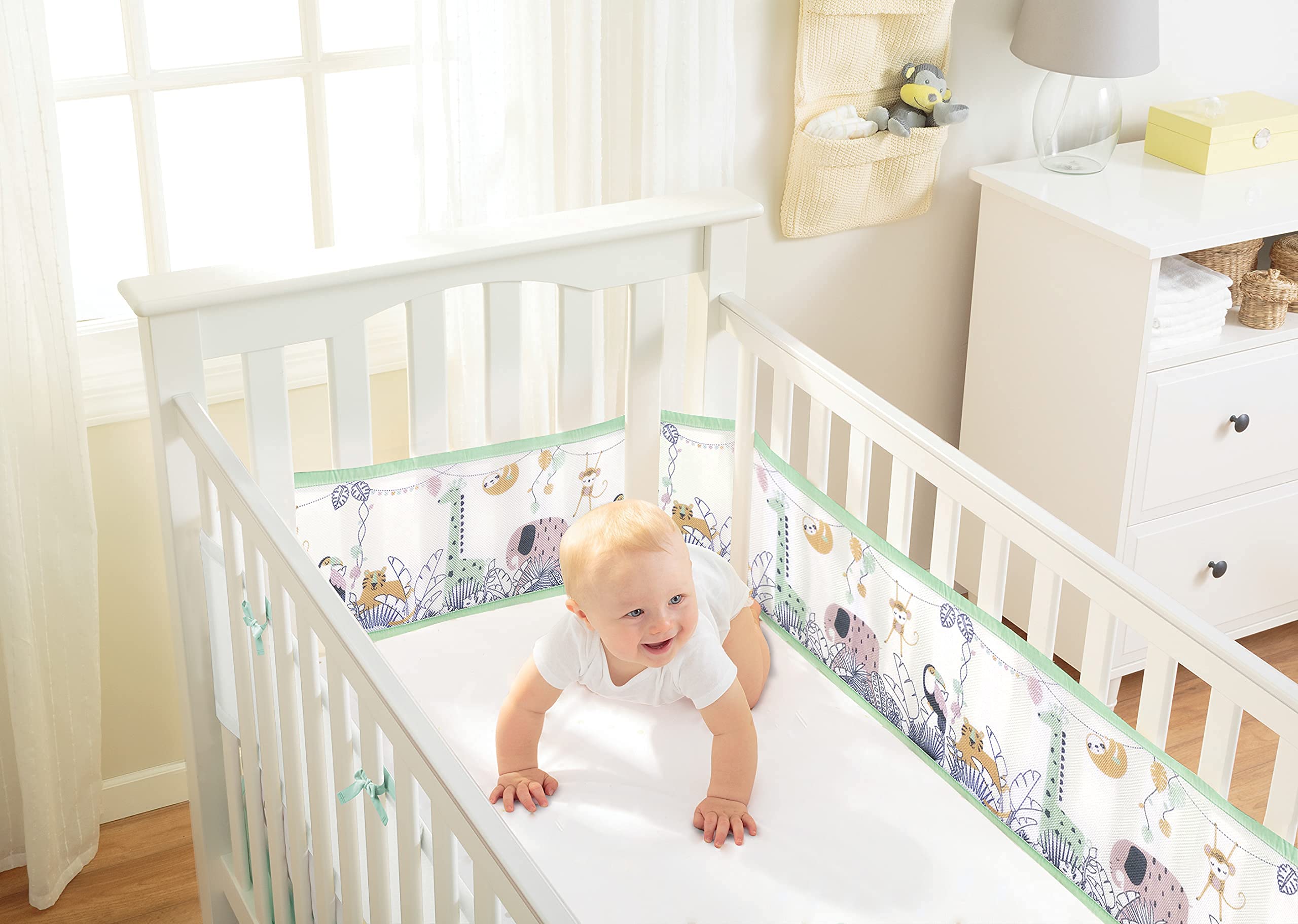 BreathableBaby Classic Breathable Mesh Cot Liner | for Cots with 4 Open Sides | Covers 4 Sides | The Safer Alternative to Traditional cot Bumpers | Machine Washable | Rainforest | Adjustable