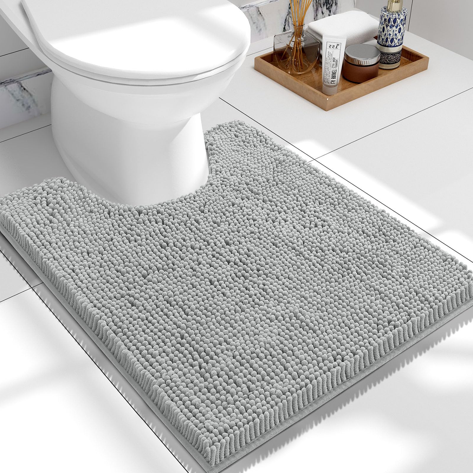 smiry Non-Slip Toilet Mat Extra Soft Absorbent Pedestal Mat for Toilet Thick Shaggy Chenille Bath Mat Machine-Washable Dry Bathroom Floor Mat, 50 x 60 cm, Grey