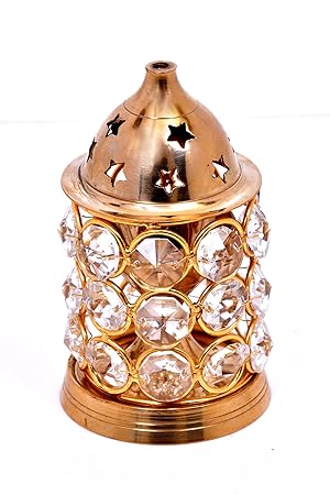 Hashcart Diwali Deepawali Akhand Diya Decorative Brass Crystal Oil Lamp Holder Lantern | Puja Lamp