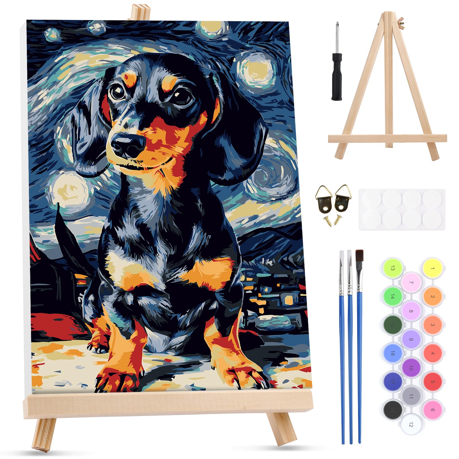 MXJSUA Starry Sky Dachshund Dog Paint by Numbers Kit with Frame for Adults, Animal Easy Beginners Paint by Number on Canvas with Easel, Acrylic Number Painting Craft Gifts for Home Decor, 20x30cm