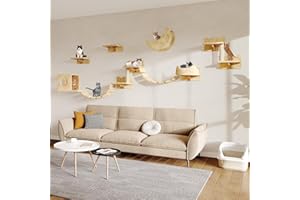 Homiflex 13-in-1 Cat Wall Shelves, Wall Mounted Cats Furniture Set with Plush Fabric, Cat Climbing Wall Systems, Cats Shelf with Moon Hammock, Condo, House, Step, Bridge Ladder, Scratching Post, Beige