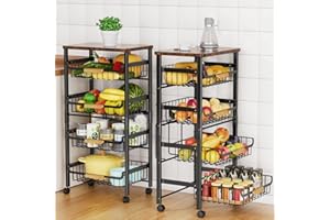 STORICO 5-Tier Rolling Utility Cart, Kitchen Storage Cart with Wheels, Large Capacity Utility Cart with Wooden Tabletop & Mesh Baskets for Kitchen, Bathroom, Laundry Room