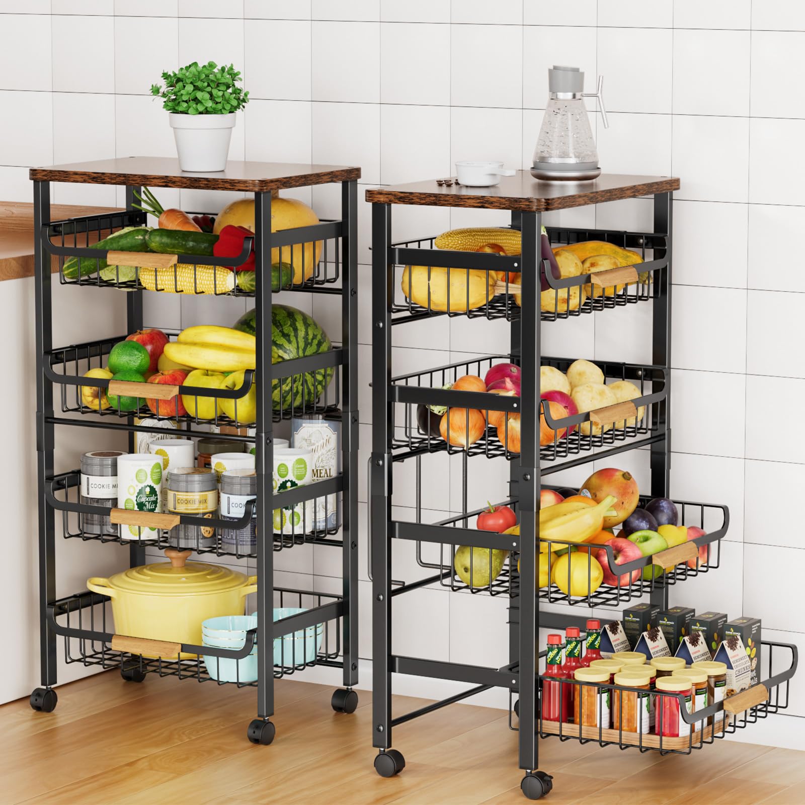 Photo 1 of **MINOR DENT**5-Tier Rolling Utility Cart, Kitchen Storage Cart with Wheels, Large Capacity Utility Cart with Wooden Tabletop & Mesh Baskets for Kitchen, Bathroom, Laundry Room