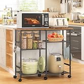 ThreeHio Kitchen Island Cart with Storage, Mobile Kitchen Cart with 4 Hooks and Adjustable Shelf on Wheels, Rolling Microwave Stand Coffee Bar Baker's Rack Utility Cart for Kitchen, Dinning Room