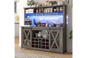HLIVELOOD 63"Wide 58"H Farmhouse Coffee Bar Cabinet with LED Light,Wine Bar Cabinet w 4 Storage Hutch,Kitchen Buffet Cabinet wSliding Barn Door & 15 Wine and Glass Racks for Kitchen Dining Room(Dark Rustic Oak)