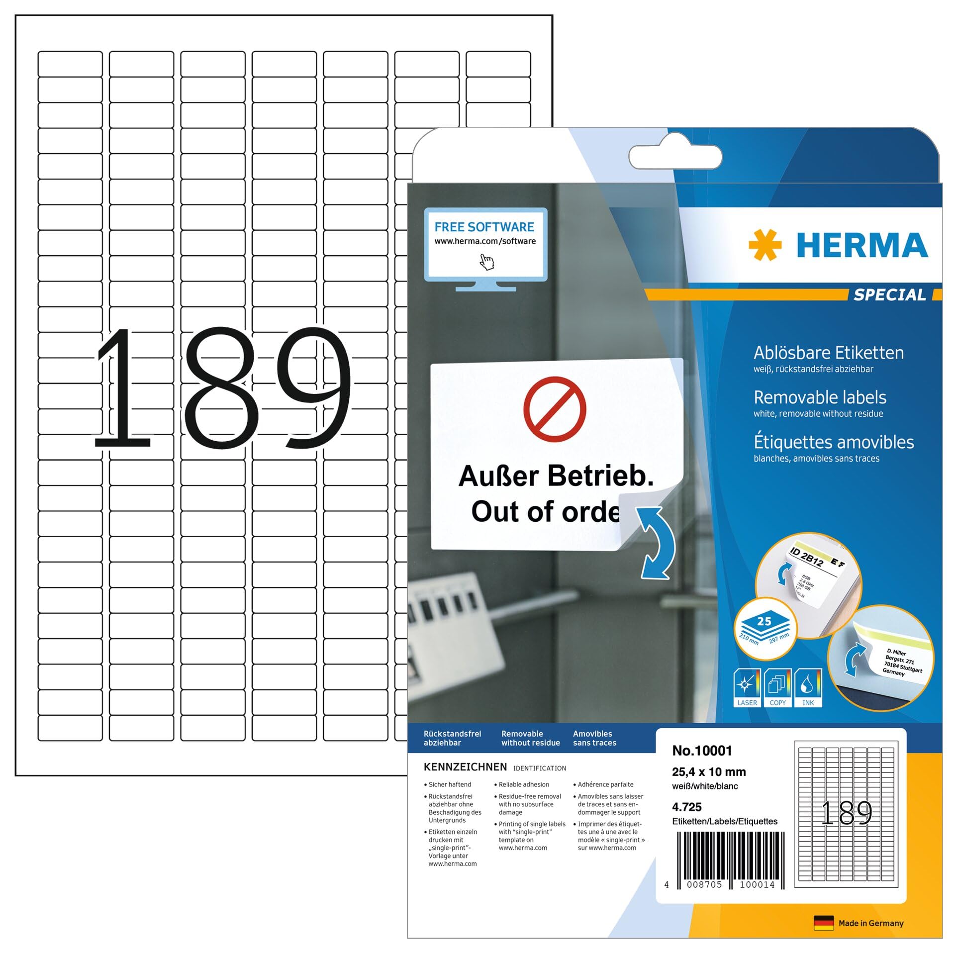 HERMA Self Adhesive Removable Labels, 189 Labels per A4 Sheet, 25 Sheets, 25.4 x 10 mm, 4725 Labels, Blank Multipurpose Labels Stickers, Sticky Labels for Laser & Inkjet Printer, White