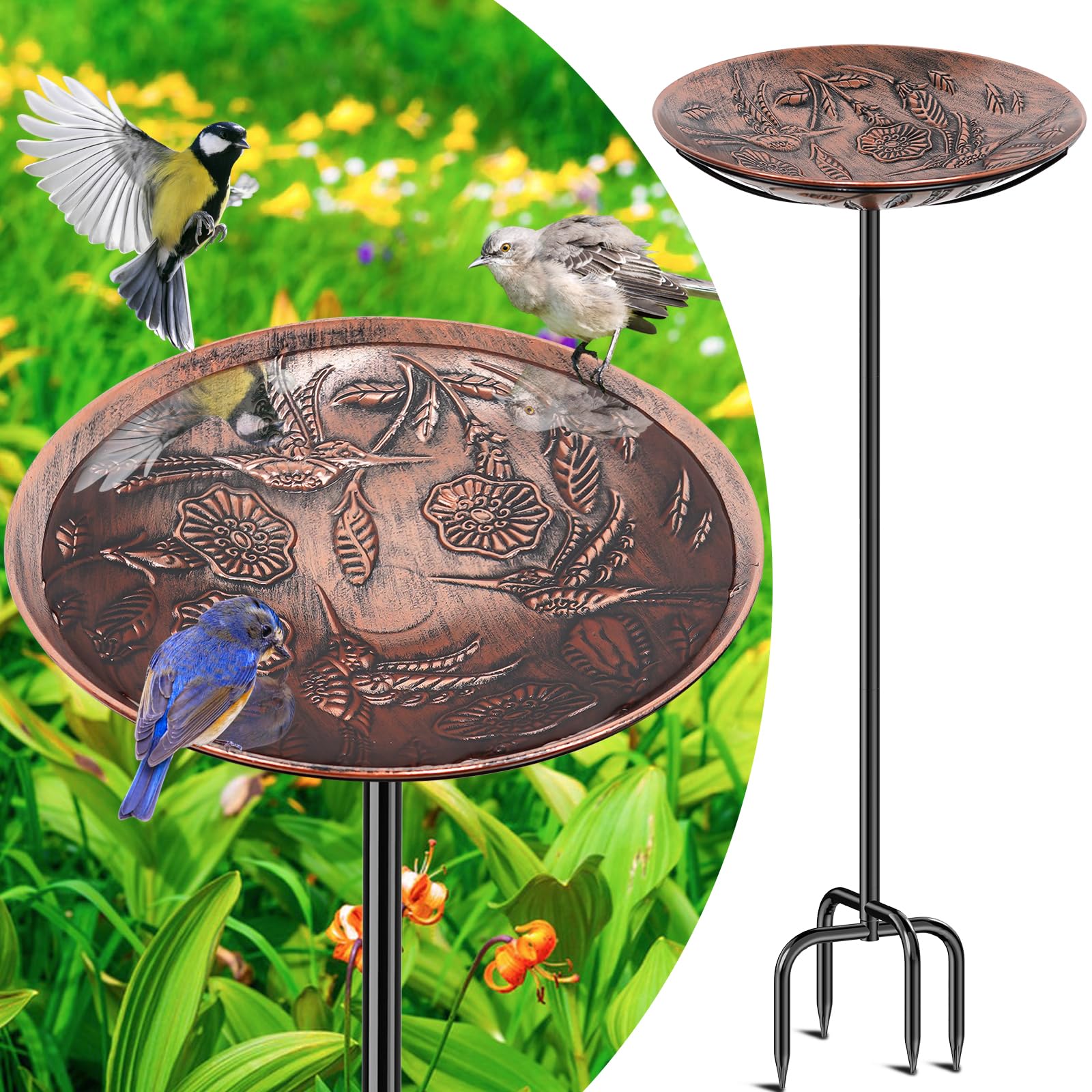 FaloStwer Metal Bird Bath for Outside, Vintage Freestanding Birdbaths & Birdfeeder, Bird Baths Feeder Bowl for Outdoors Garden Patio Yard Lawn Decor (Hummingbird Retro Copper)