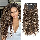 Clip in Hair Extensions, FLUFYMOOZ 4PC 100% Pure Protein Silk Hair Extensions Long Soft Natural Hairpiece 20 Inch Curly Hair Extension for Women (Dark Golden Brown with Highlight)