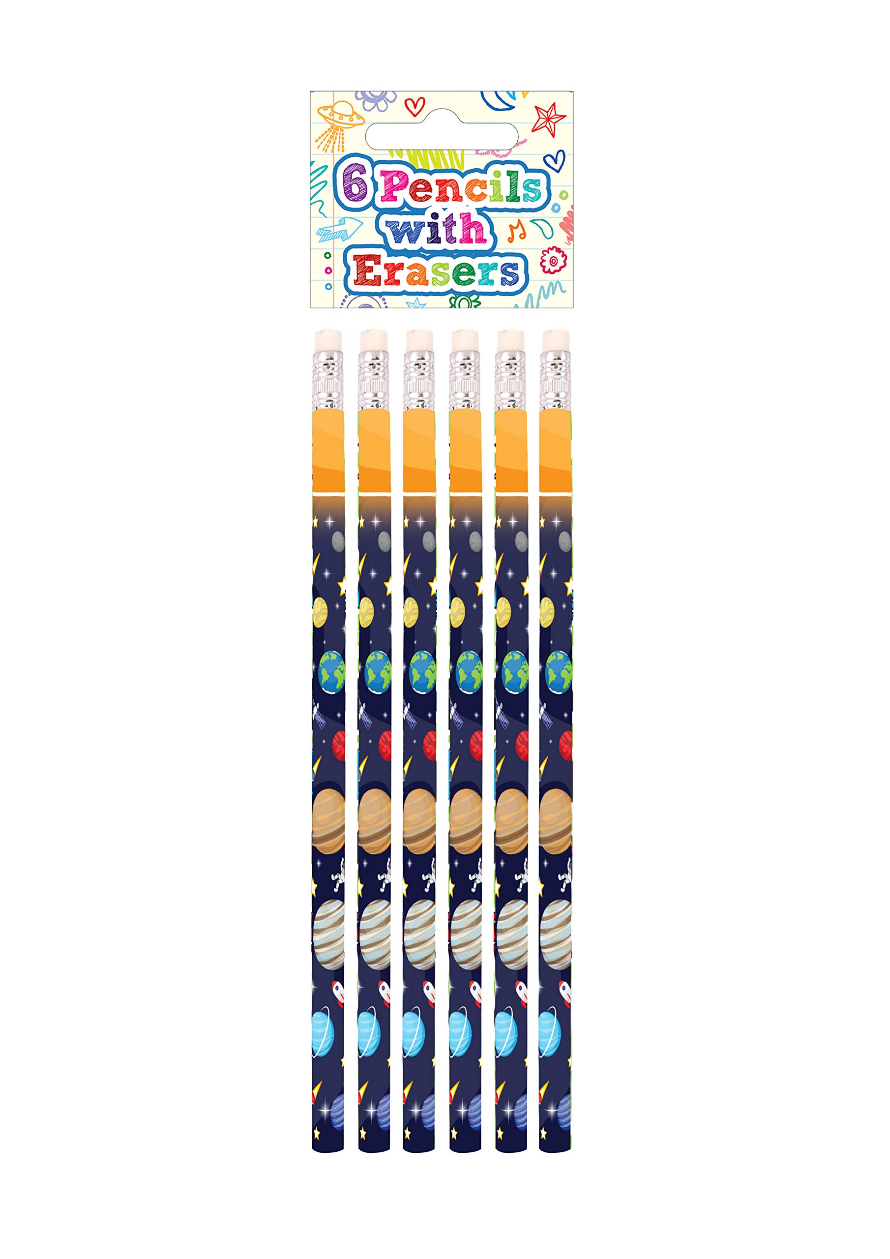 HENBRANDT Single Pack Children’s Space Pencils with Erasers Kids Stationery Eraser Tip HB Pencils School Classroom Gift Birthday Xmas Party Favour Loot Bag Filler for Boys and Girls