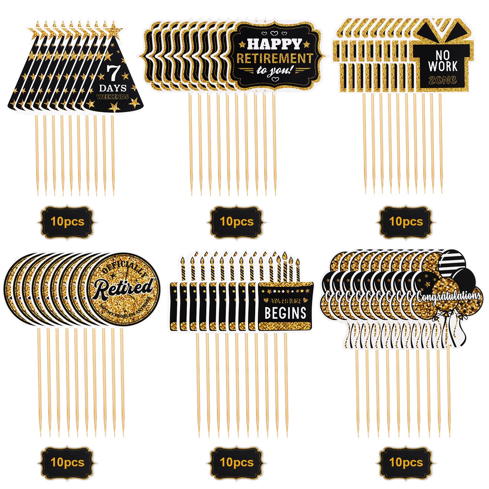 Photo 1 of 60 Pcs Happy Retirement Cupcake Toppers, Gold Retired Cake Picks for Party Decoration - Birthday Cake Topper Supplies