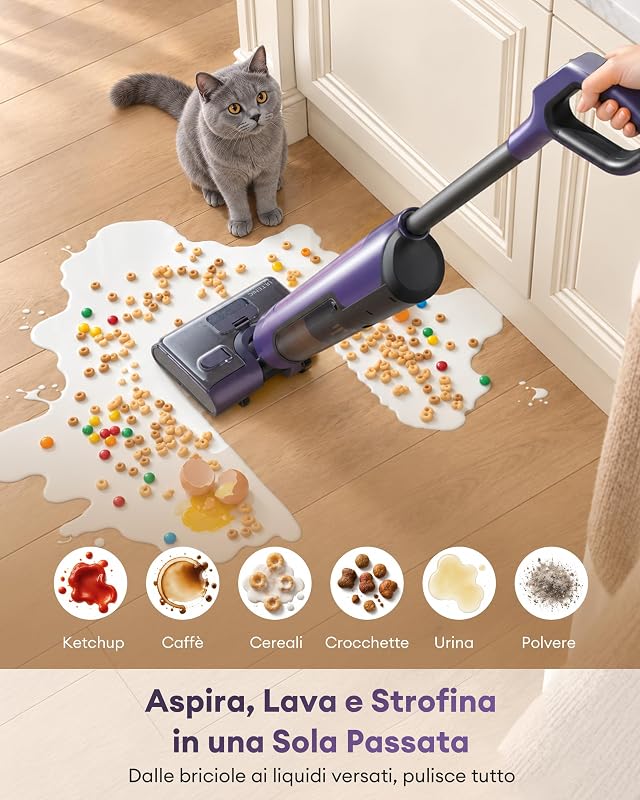 Aspirapolvere Lavapavimenti, Design Piatto a 180°, 0 mm Pulizia Bordi, Lavapavimenti Senza Fili 3-in-1, Autonomia 55 min, Auto-Pulizia, Anti-Groviglio, Assistente Vocale 5 Lingue