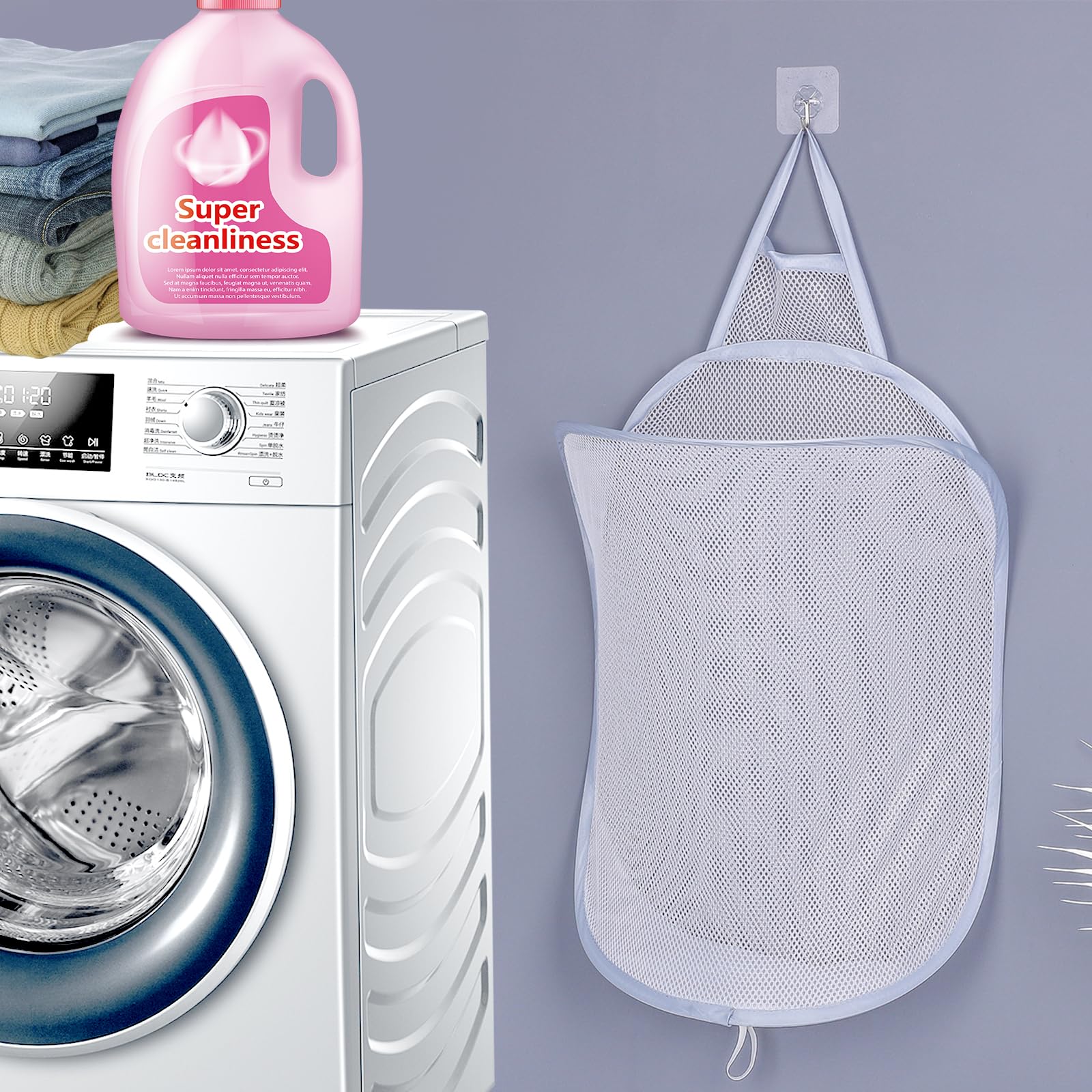 Large Mesh Laundry Baskets, Pop Up Laundry Storage Basket Collapsible Washing Bag Hanging Toy Tidy Organizer with Handle (Grey L)