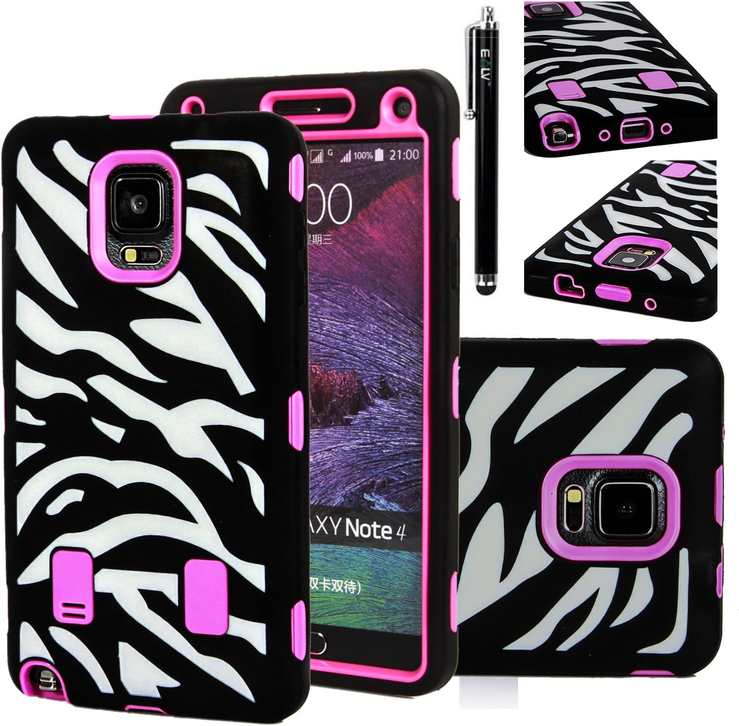 Note 4 Case, E LV Galaxy Note 4 Case Cover - Shock-Absorption / High Impact Resistant Full Body Hybrid Armor Protection Defender Case Cover for Samsung Galaxy Note 4 with 1 HD Screen Protector, 1 Stylus and 1 Microfiber Cleaning Cloth - ZEBRA HOT PINK