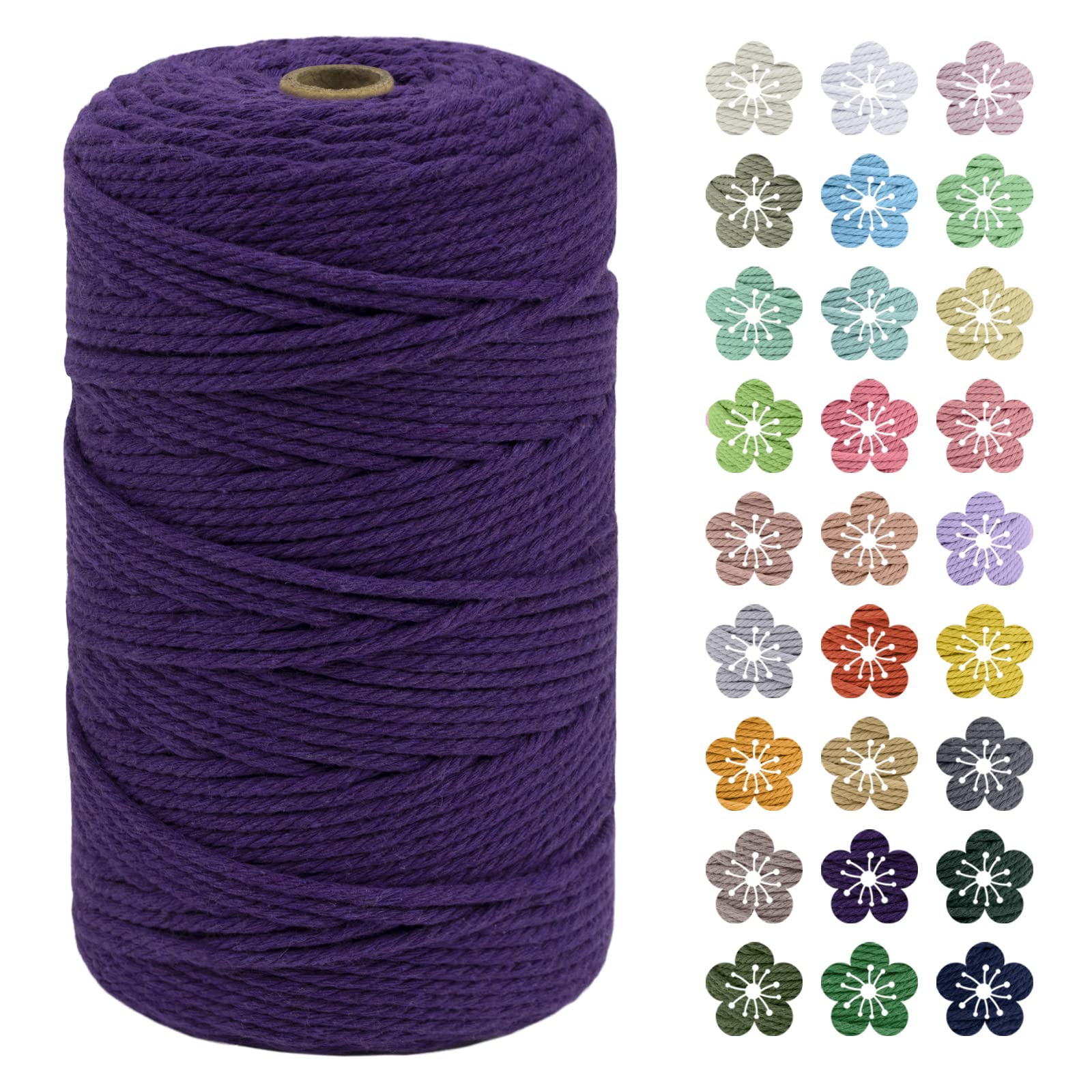 LEREATI Macrame Cord 3mm x 200m, Thick Macrame Rope Natural Cotton Rope Craft String, 4 Strand Twisted Cotton Cord Yarn for DIY Plant Hanger, Wall Hanging, Christmas Decoration (Deep purple)