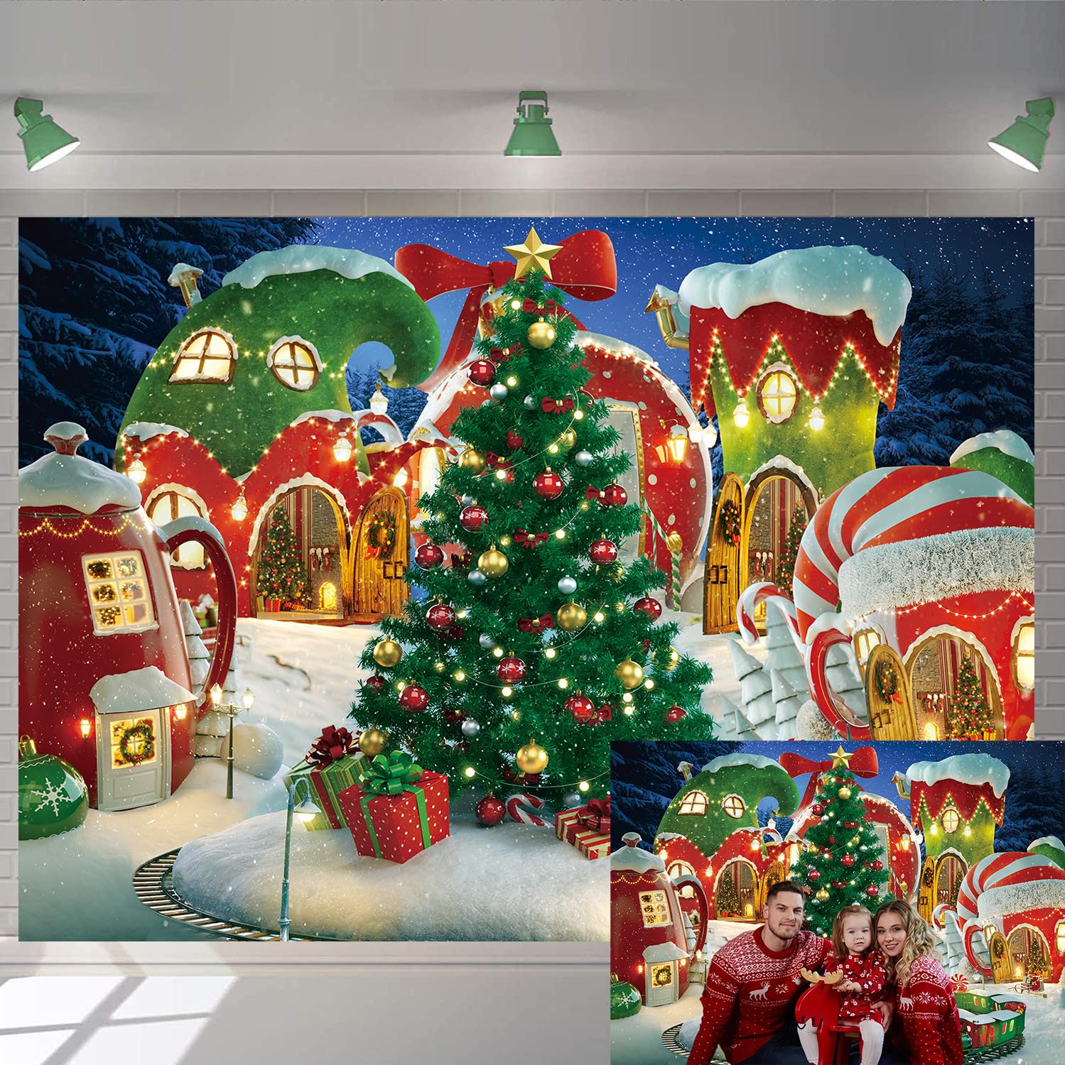 Cartoon Christmas Village Photography Backdrop Winter Snow Pine Tree Background Xmas Fairy Tale Animated Kid Party Photo Booth Banner Background (7x5FT)