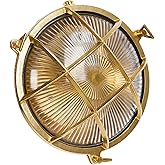 Sunluck Brass Bulkhead Light,Grid Round Nautical Wall Light,Lampshade,Ceiling Mount Lighting,Brass Sauna Light Waterproof IP6