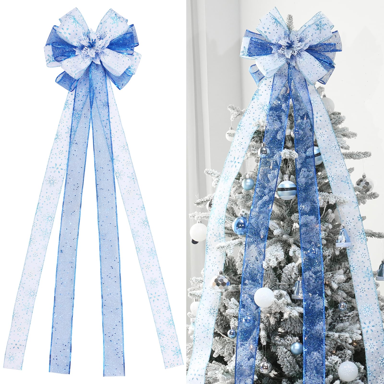 Photo 1 of YINGQIWISH Christmas Tree Topper, Bow Large Christmas Bow Tree Topper, for Xmas Ornament Holiday Home Wedding Thanksgiving Indoor/Outdoor Decoration (Blue White)