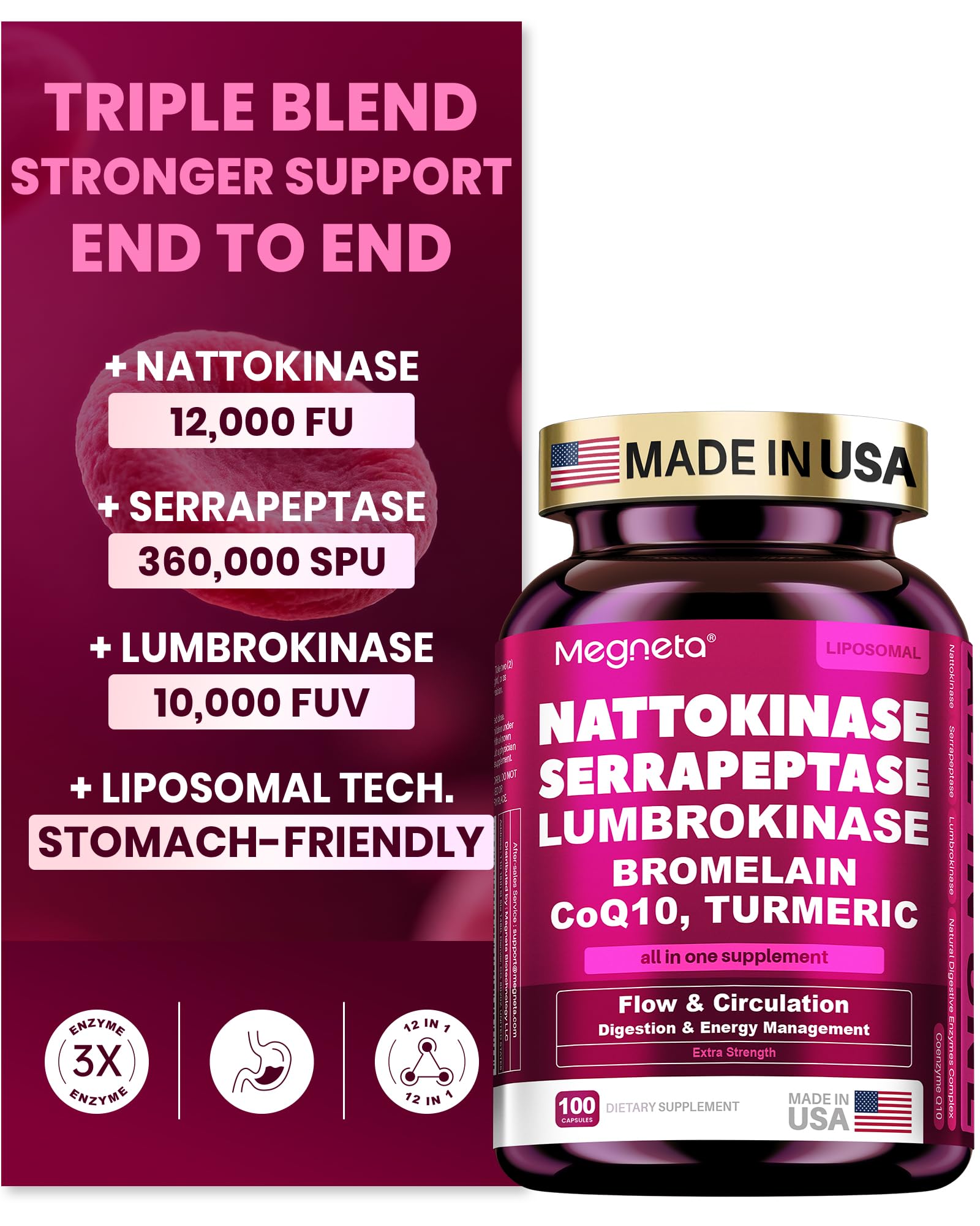 Nattokinase Serrapeptase Lumbrokinase Bromelain CoQ10, Turmeric
