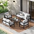Wisteria Lane Aluminum Patio Furniture Set, 7 Seats Outdoor Conversation Set, Sectional Metal Sofa with 5 Inch Cushion and Coffee Table for Balcony, Backyard, Garden, Black Frame and Grey Cushion