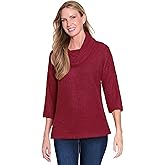 Ali Miles Knit Sweater Pop-Over Cowl Neck Three Quarters Sleeves Back Button Detail