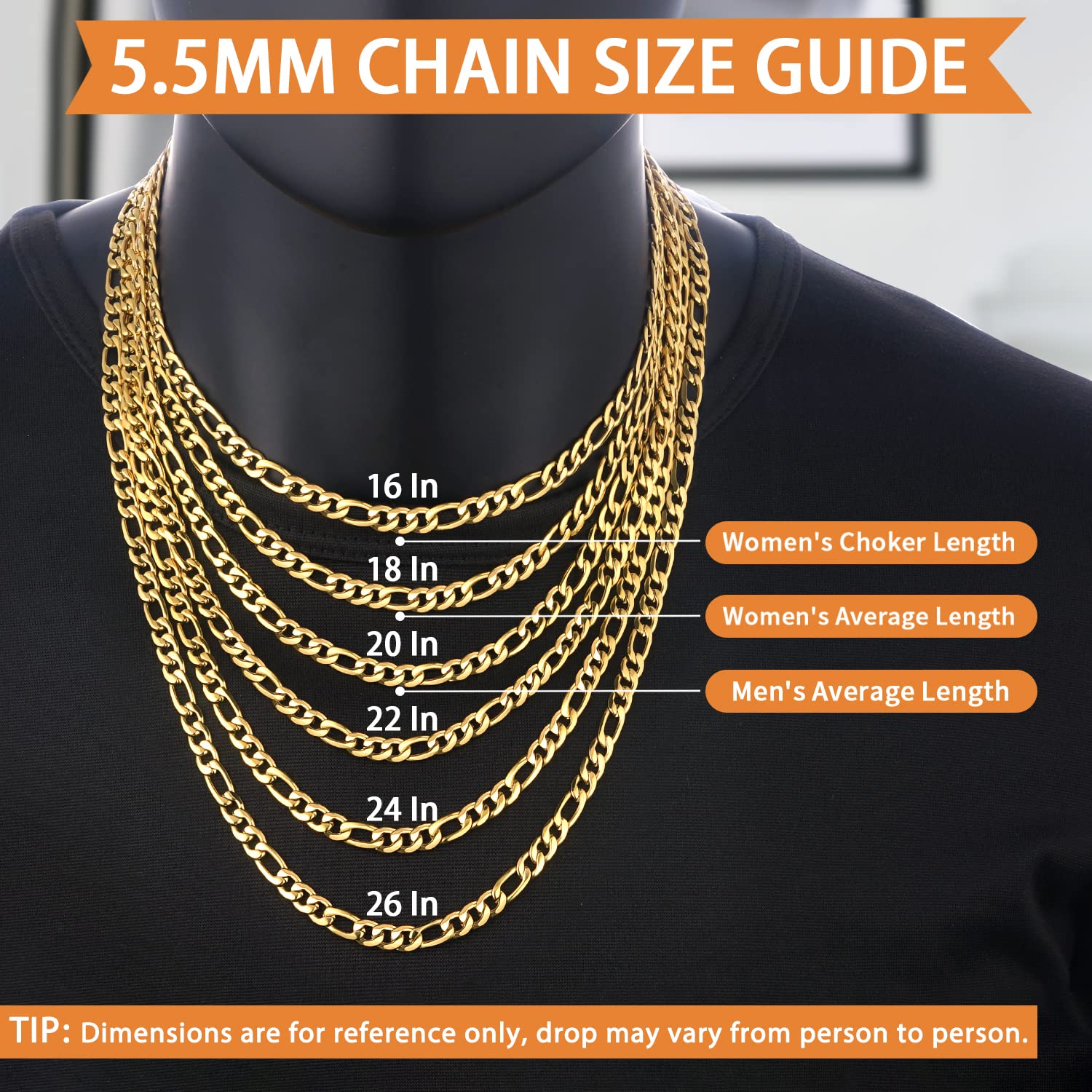 Jewlpire Silver Chain Gold Chain for Men, 14K Gold Plated Men's Chain Necklaces Cool Figaro Chain for Men, Hip-Hop 5.5mm/7mm Mens Chain 16 18 20 22 24 26 Inch