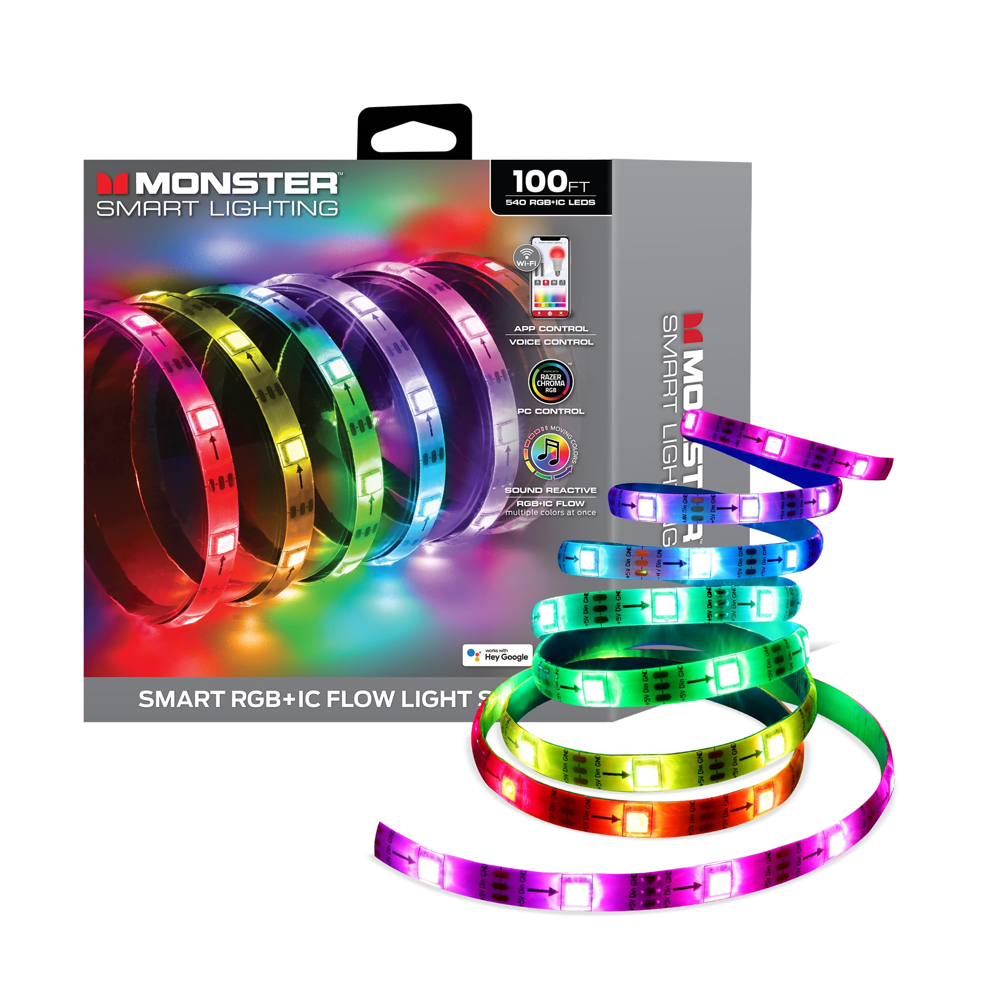 Photo 1 of Monster Smart RGB+IC LED Strip Lights 100ft – Sound Reactive Strip Lights for Bedroom, App & Voice Control, RGB Light Strip for Room, Alexa Google Home, Razer Chroma Sync - 540 RGB+IC LED Lights