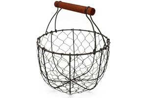 CVHOMEDECO. Chicken Wire Egg Basket Fruit Basket with Wooden Handle Primitives Vintage Gathering Basket. Rusty (Round)